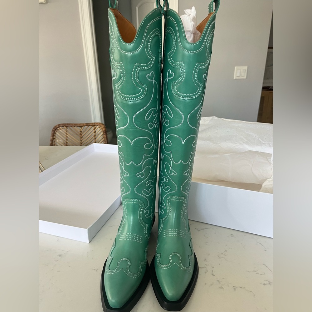 Ganni bottle green knee high embroidered cowboy boots